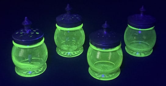 Blown Mold Christmas UV Glass Salt & Pepper Shakers With salt agitator lids.