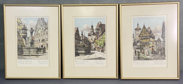 Rothenburg Germany Etchings Signed Set of Three Three hand colored etchings of scenes around