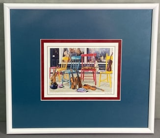 Lyn Sue Wice Lithograph Finding Treasures Lithograph of colorful wooden dining room chairs with hats