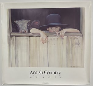 My Calf Amish Country Poster NA Noel Cute poster of a small Amish boy and a baby cow peek over the