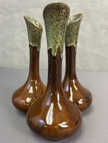 Van Briggle Pottery Triple Bud Vase Three bud vases fused together in a brown and green drip glaze.
