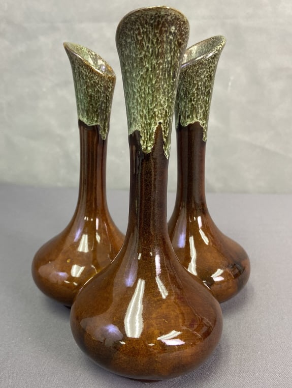 Van Briggle Pottery Triple Bud Vase Three bud vases fused together in a brown and green drip glaze. (1 of 4)