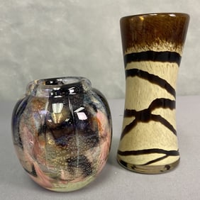Art Glass Vases Set of Two Kannig Short blue, purple, and pink vase signed Kanning 78. Small flea