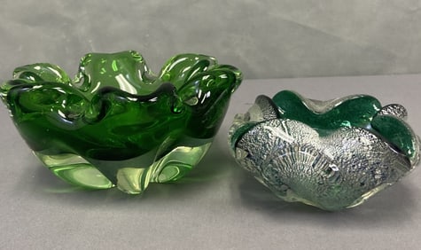 Murano Green Glass Catch All or Ashtray Bowls Two green glass catchall bowls, one with silver