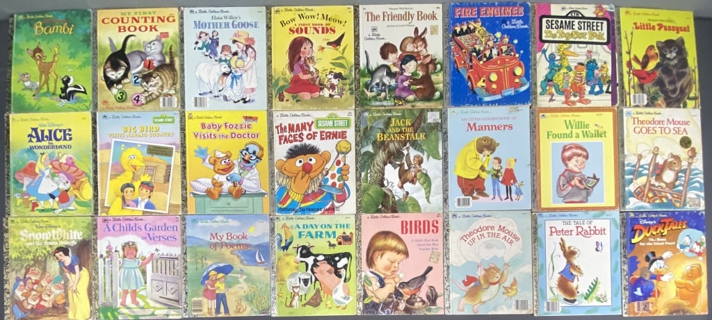 Little Golden Books Disney, Muppets, Mother Goose Lot of 24 vintage Little Golden Books including: Lot of 24 vintage Little Golden Books including Walt Disney, Muppets, Mother Goose, learning books and more! Some minor wear and tear commensurate with age.