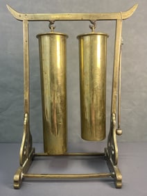 Brass Trench Art Dinner Gong Gong made of two brass WW2 era artillery shells on pagoda shaped stand.