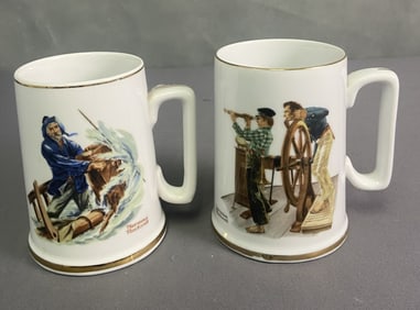 Norman Rockwell Ceramic Mugs Set of Two Two white china collectible coffee mugs with Norman Rockwell