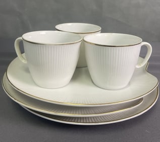 Vintage White Ceramic Plates & Cups Porcelain china set of three cups and three