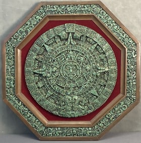 Malachite Aztec Sun Stone Calendar Reproduction of the Aztec Sun Stone using carved malachite on a