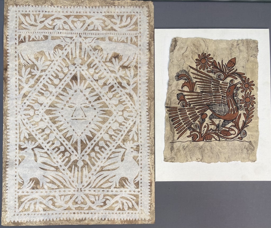 Mexican Bark Paintings Rooster & Sun Set of Two Vintage bark paintings from Mexico. Both are (1 of 8)