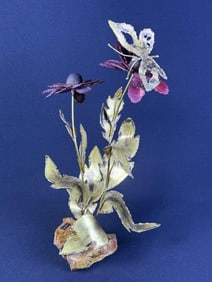 Vintage Brutalist Metal Floral Sculpture Butterfly On rock base. 13 inches tall by approximately 8