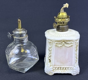 Antique Miniature Oil Lamps 1 clear 4.5 x 3.5 inches.