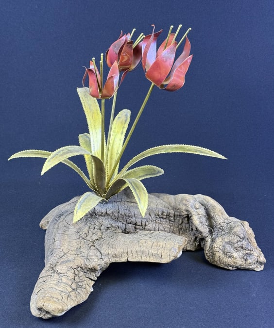 Vintage Brutalist Metal Flowers on Driftwood Unknown maker. Measures 13 x 13 x 10 inches.: Unknown maker. Measures 13 x 13 x 10 inches. Please see photos for further item details and condition information.