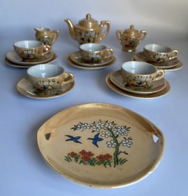 Peach Luster Miniature Tea Set Cute peach luster glaze set of miniature dishes.