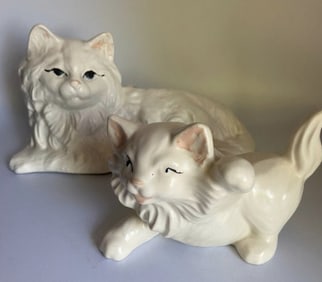 Pair White Ceramic Cats Planter & Figurine Two piece set by Morton Pottery.