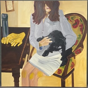 Original Oil Painting Woman with Cat Painting of a woman taking a moment with her pet while