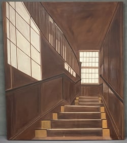Original Oil Painting Steps to the Attic Signed Painting of the attic in an older home, looking up
