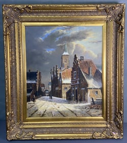 Original Oil Painting Signed FM Bennett Oil painting of a European village street. Signed FT