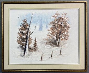 Original Oil Painting Winter Scene Signed Oil painting of trees and fence covered in snow. Signed A