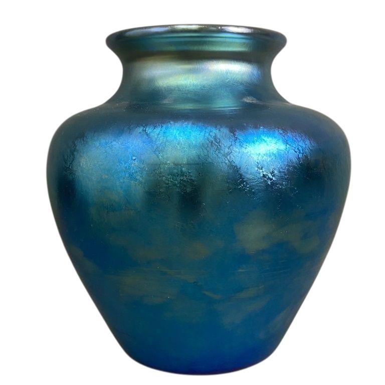Steuben Aurene Blue Iridescent Glass Vase Blue iridescent hand blown vase, signed on the bottom. (1 of 5)