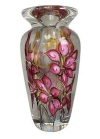 Doug Merritt Clematis Art Glass Vase Signed Heavy clear glass bud vase with hand painted pink
