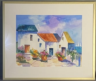 Jan Mayer Signed Watercolor Beach Houses Large framed watercolor painting of white houses with