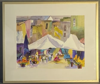 Street Market Watercolor Painting Jan Mayer Watercolor of a street farmer's market, signed Jan Mayer