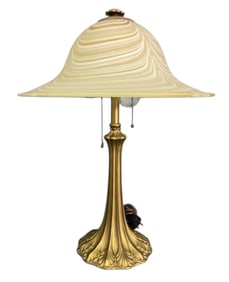 Art Nouveau Slag Glass Mushroom Lamp Brass table lamp with art nouveau leaf motif and slag glass