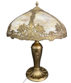 Antique Slag Glass Bradley & Hubbard Lamp Brass floral Art Nouveau style table lamp with slag glass
