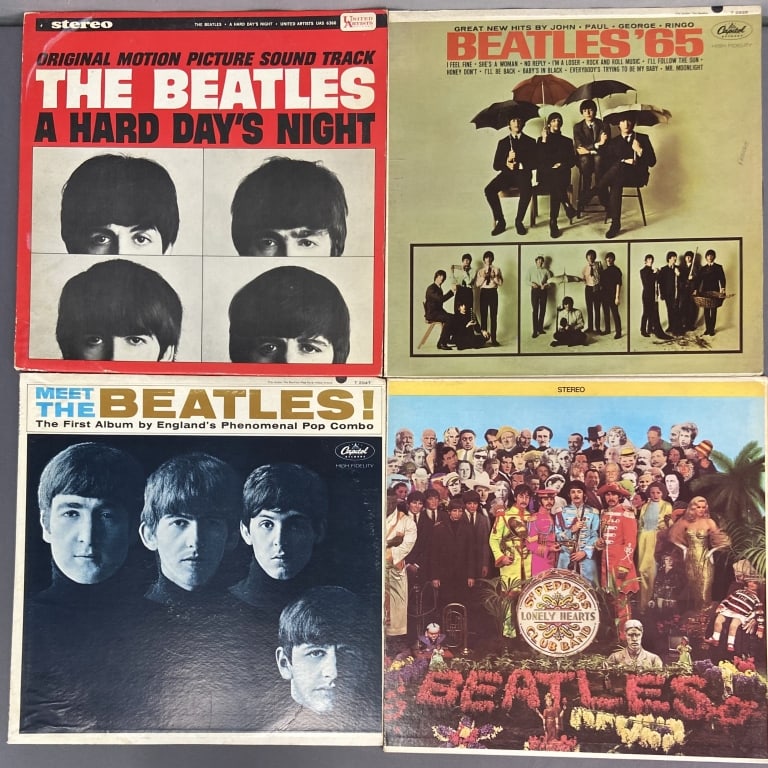 Vinyl Beatles Albums Sgt Pepper, Hard Days Night Meet the Beatles! Capitol Records: Meet the Beatles! Capitol Records T-2047. Beatles '65 Capitol Records T-2228. A Hard Day's Night, United Artists Records, UAS 6366. Sgt. Pepper's Lonely Hearts Club Band, Capitol Records SMAS-X-2-2653