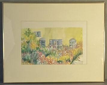 Jan Mayer Flower Garden Watercolor Painting Framed painting of a flower garden beside the wall of a