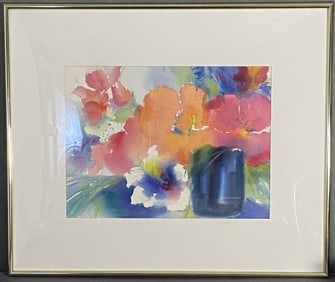 Vibrant Bouquet Floral Watercolor Painting Signed Jan Mayer painting Vibrant Bouquet featuring large