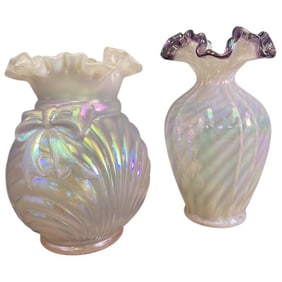 Fenton Pink Iridescent Ruffle Vase Set of Two Two iridescent pink vases by Fenton, both marked on
