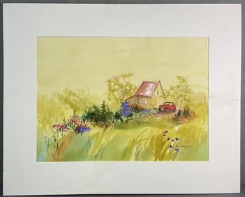 Jan Mayer Watercolor Painting Signed Landscape watercolor painting featuring flowers, farmhouse, and
