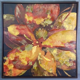 J Saint Seger Floral Giclee Framed Large red, orange, and yellow flower print with added hand