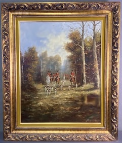 Fox Hunt Oil Painting Signed Falquette 20th century painting of people on horses dressed in red with