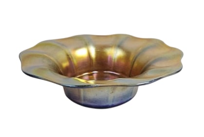 LC Tiffany Favrile Art Glass Bowl Iridescent yellow and blue art glass bowl with ruffled edge.