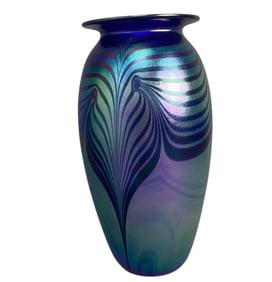 Robert Eickholt Iridescent Peacock Vase Iridescent blue, green, and purple glass vase by Robert