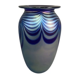 Eickholt Pulled Feather Art Glass Vase Iridescent blue, black, and purple glass vase with pulled