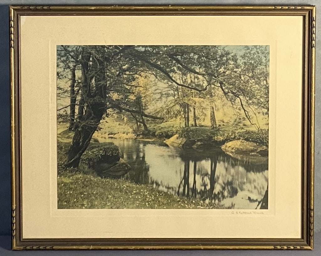 Wallace Nutting Sheltered Brook Photograph Hand tinted photograph by Wallace Nutting, titled A: Hand tinted photograph by Wallace Nutting, titled A Sheltered Brook. Copyright Wallace Nutting in photograph, no signature. Artwork with frame is 21 X 17 inches in size.