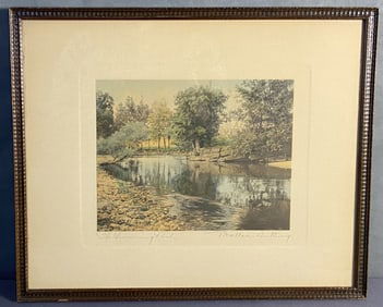 Wallace Nutting Swimming Pool Photo Signed Hand tinted antique photograph by Wallace Nutting titled
