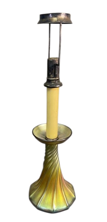 LC Tiffany Glass Candlestick Holder Candlestick lamp by Louis Comfort Tiffany, missing shade. Marked (1 of 7)