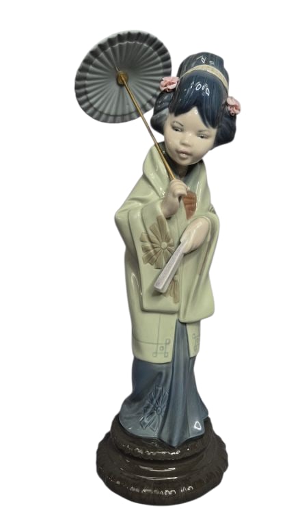 Lladro Figurine Japanese Lady With Parasol: #4988 This figure depicts a Japanese Geisha holding a parasol. Measures approximately 11.5 inches tall. No cracks or breaks.