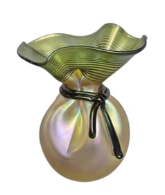 Signed Orient & Flume Gold Luster Iridescent Art Glass Tied Bag