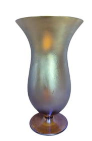 Iridescent Glass Vase Approximately 7in tall. Small chips in the rim of vase. The vase is unmarked.