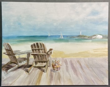 Beach Scene Giclee Unsigned Giclee print with hand painted details featuring two Adirondack chairs