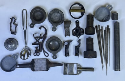 Antique Metal Tin Cast Iron Kitchen Implements Sitters, biscuit cutters Larding Needles and more.