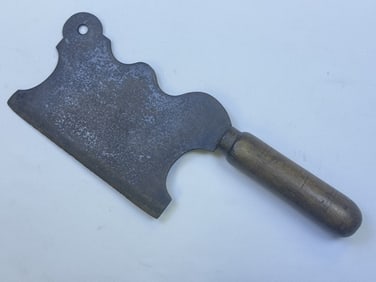 Antique Wooden Handle Meat Cleaver 12.5 x 4.5 inches. Some rust and pitting on blade. Edge dented.