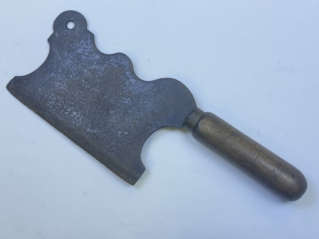 Antique Wooden Handle Meat Cleaver 12.5 x 4.5 inches. Some rust and pitting on blade. Edge dented. (1 of 5)