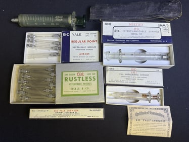 Vintage Glass Syringes & Hypodermic Needles 3 syringes of different sizes. 2 packs of needles one